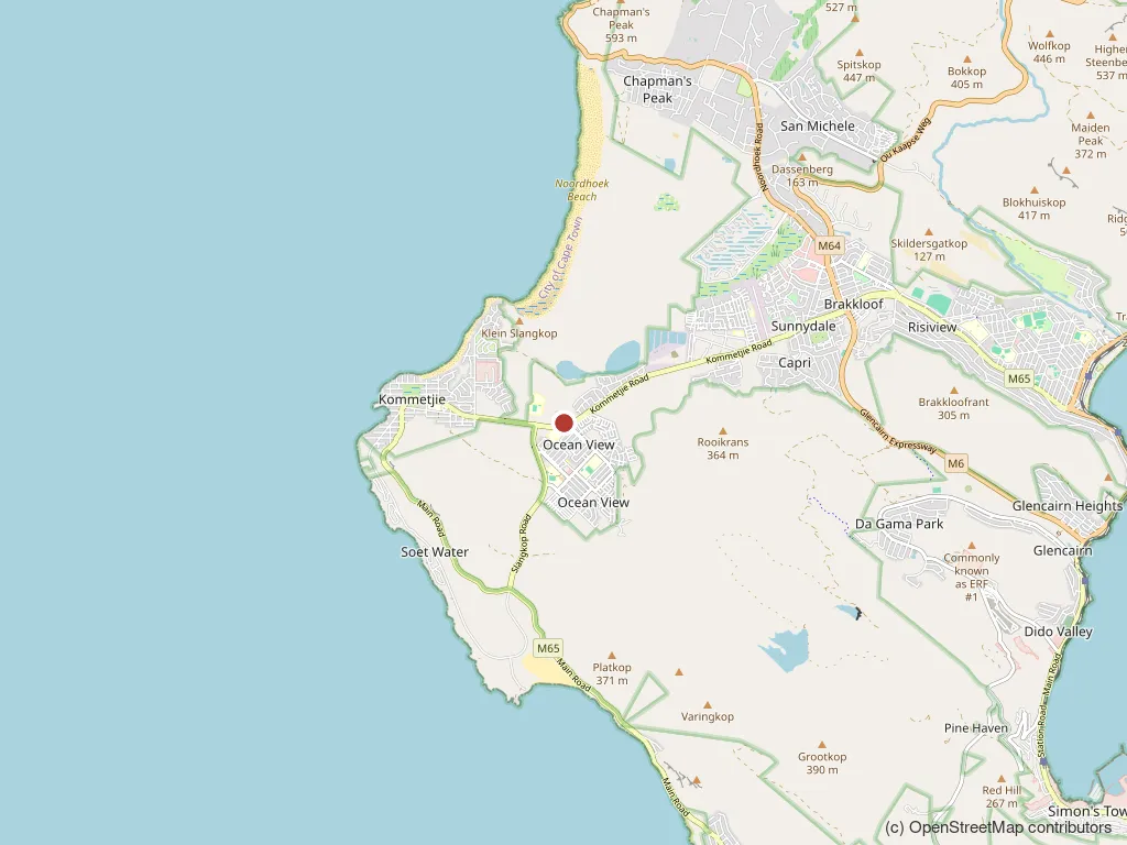 Map of the southern peninsula showing Volea on Kommetjie Road, between Kommetjie and Ocean View, south of Noordhoek.
